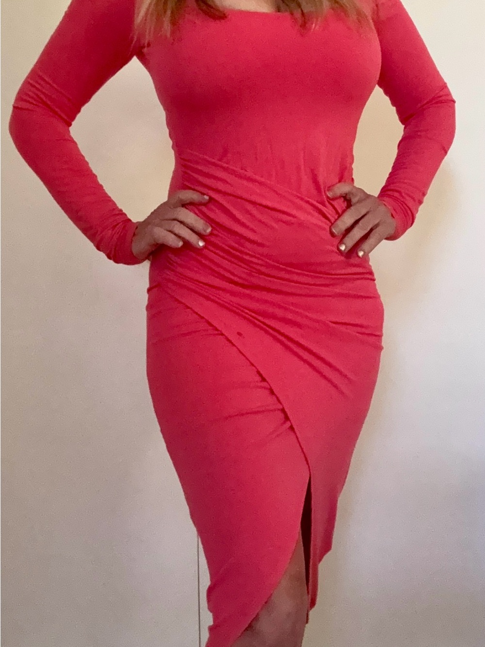 Bebe Women’s Long Sleeve Pink Wrap High-Low Dress